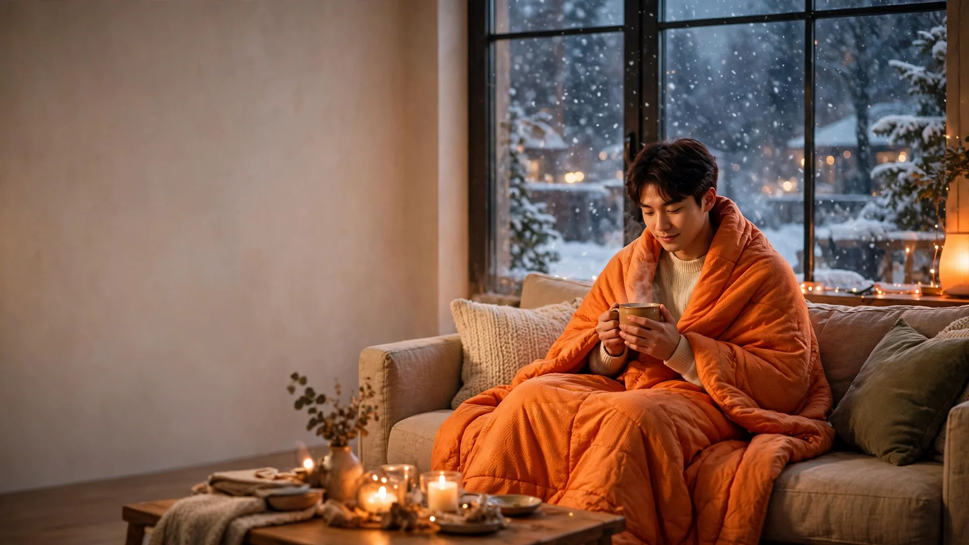 Woman staying warm under an orange heated blanket at home in winter